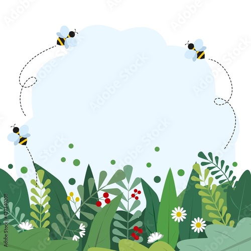 Spring flat background with flowers, leaves and flying bees, Cartoon summer vector illustration for template, banner, flyer, wallpaper, invitation, greeting card or poster. Colorful floral background