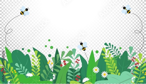 Summer or spring background with colorful green leaves, bees and flowers. Spring vector flat style template for banner, flyer, wallpaper, brochure, greeting card. Cartoon easter vector illustration