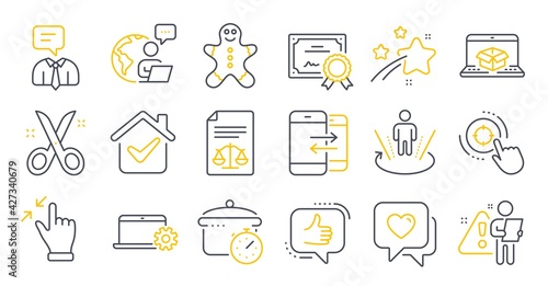 Set of Business icons, such as Augmented reality, Online delivery, Seo target symbols. Like, Heart, Scissors signs. Support service, Notebook service, Touchscreen gesture. Boiling pan. Vector
