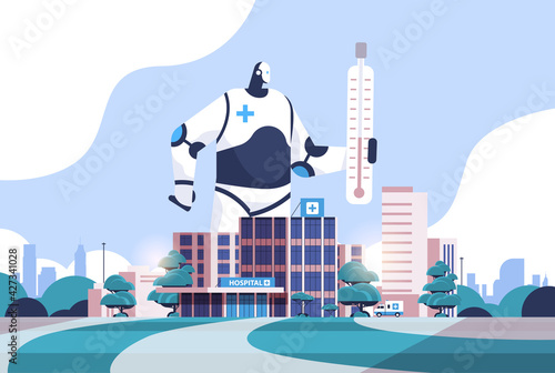 robot holding thermometer robotic assistant providing healthcare medical center concept