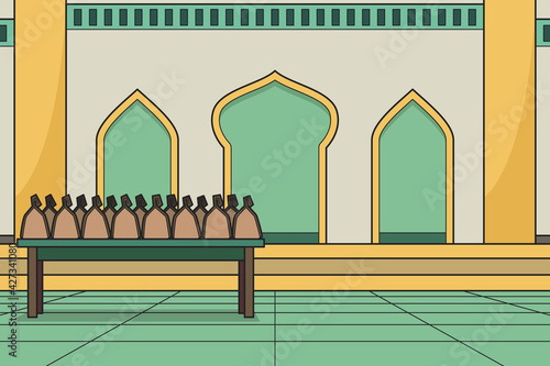 Using The Mosque Courtyard As a Place To Distribute Sadaqah. Vector Illustration. Children Book Illustration.