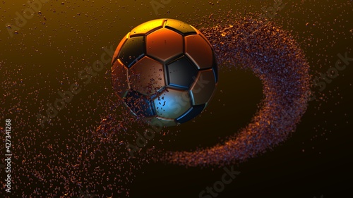 Orange-Black Soccer Ball with Particles under Orange-Blue lighting background. 3D illustration. 3D high quality rendering. 3D CG.