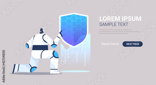 robot holding shield web data security technology protection   artificial intelligence concept