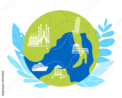 Time to travel. globe for travelers, cruise ship tour, travel to exotic places, flat style vector illustration, isolated on white.