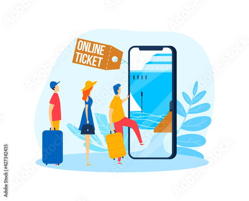 Online agency, vacation planning, ticket purchases via smartphone, luxury cruise ship, design cartoon style vector illustration.