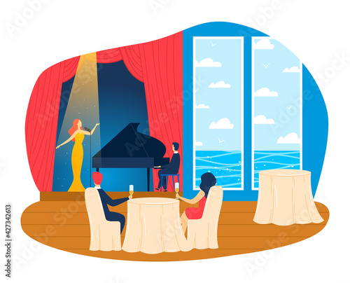 Interior inside cruise liner, luxury restaurant, vacation travel day, enjoyable summer vacation, cartoon style vector illustration