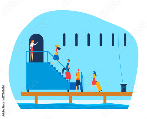 Modern liner for travel, cruise ship traveling around world, sea transport, reliable vehicle, cartoon style vector illustration.
