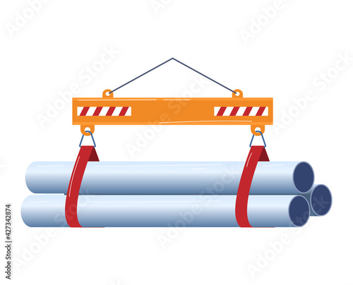 Equipment for working on transportation heavy goods, metal pipes, design cartoon style vector illustration, isolated on white.