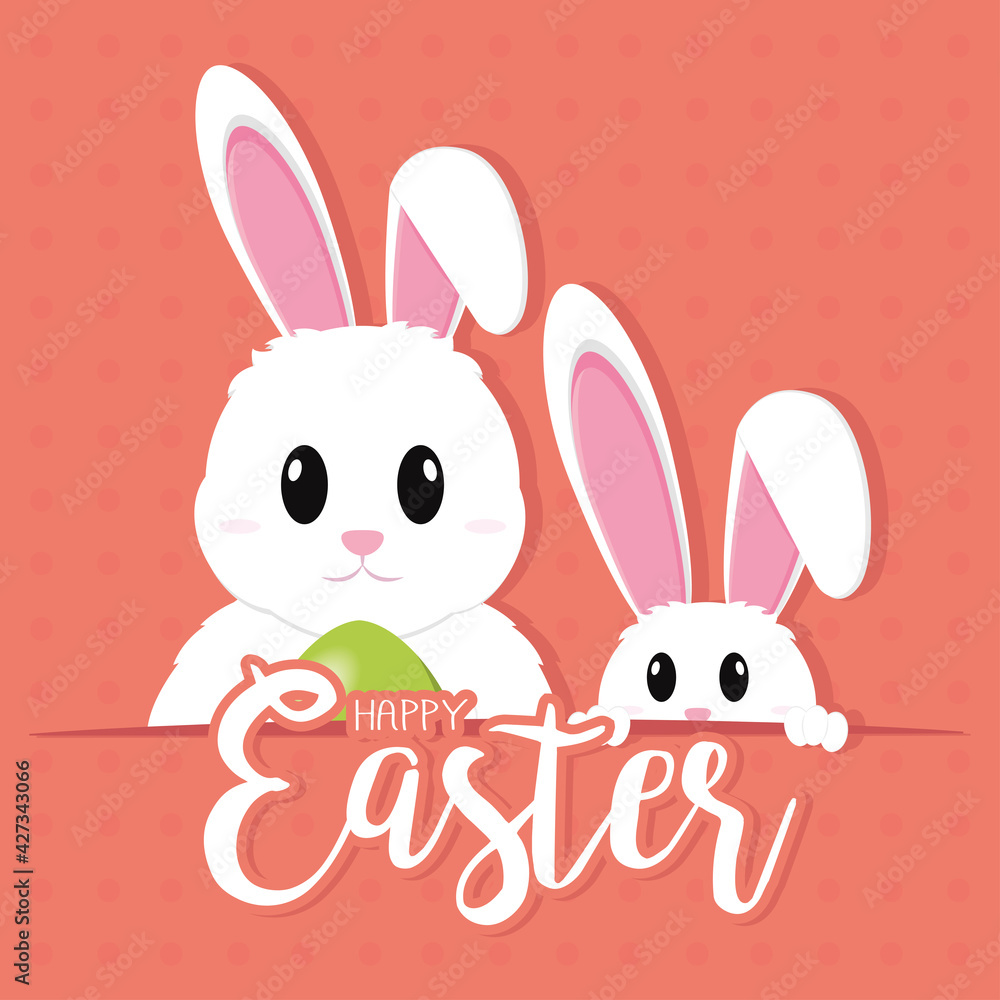Cute bunnies cartoon with an easter eggs. Happy easter poster - Vector illustration Cute bunnies cartoon with an easter eggs. Happy easter poster - Vector illustration