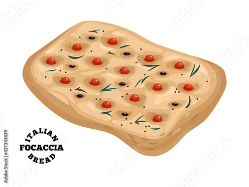 Focaccia italian bread with cherry tomatoes. Colorful vector illustration.