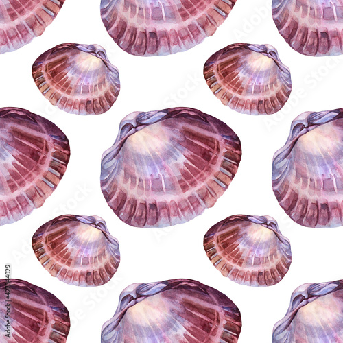 Seamless pattern watercolor pink brown sea shell with pearl isolated on white background. Hand-drawn nature realistic object for celebration, stationery, card, wallpaper, textile, wrapping, florist