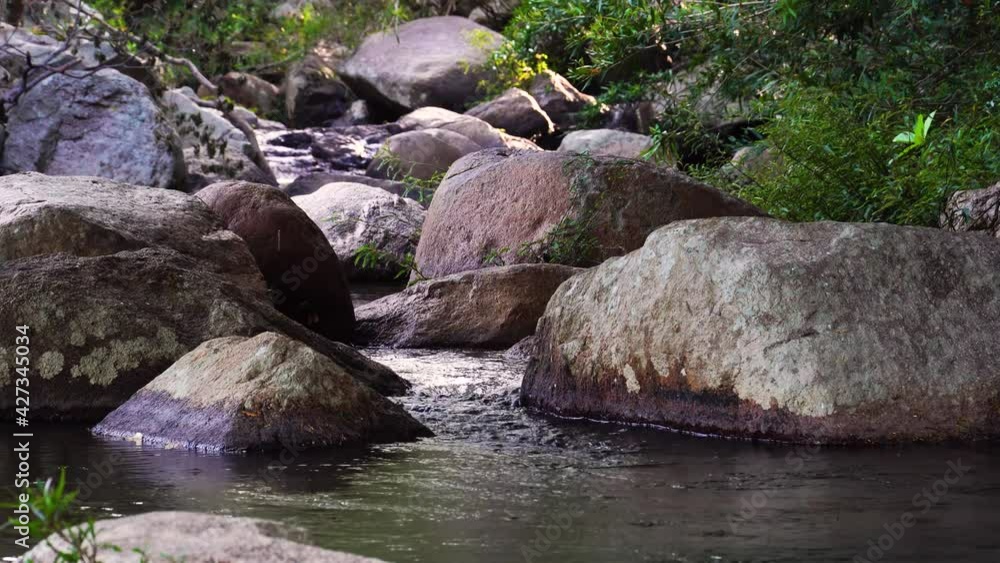 Large boulders and rocks of wild stream bed, serene mountain brook scenery Large boulders and rocks of wild stream bed, serene mountain brook scenery