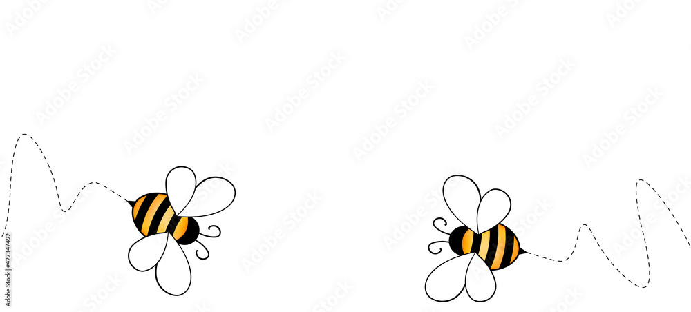 Banner with cartoon cute bee mascot. Merry bee with an empty table. Small wasp. Vector character. Insect icon. Holiday template design for greeting card, postcard, wallpaper, poster. Copy space