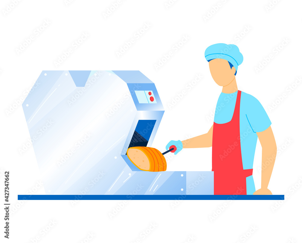 Modern machine, preparation pizza blanks, fresh baked goods, mini bakery, cartoon style vector illustration, isolated on white.
