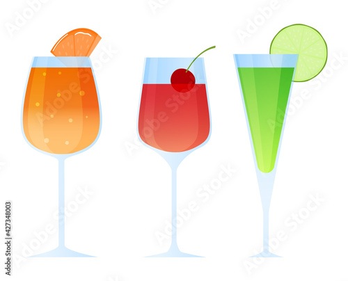 Set fruit cocktails, alcoholic drinks, cocktail party, pink liquor, design cartoon style vector illustration, isolated on white.
