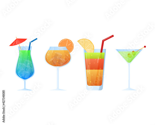 Set fruit cocktails, alcoholic drinks, cocktail party, pink liquor, design cartoon style vector illustration, isolated on white.