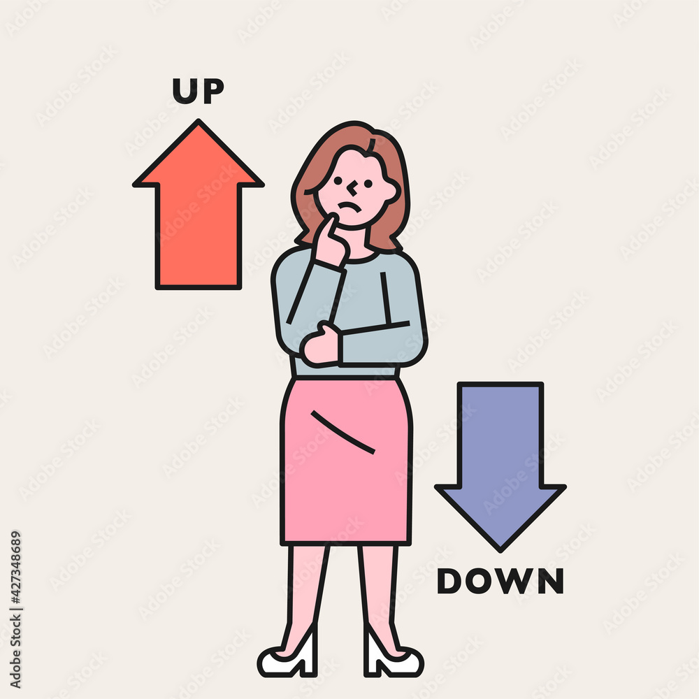 A business woman is struggling between the rising and falling arrows. flat design style minimal vector illustration. A business woman is struggling between the rising and falling arrows. flat design style minimal vector illustration.
