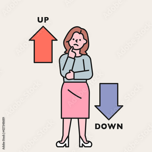 A business woman is struggling between the rising and falling arrows. flat design style minimal vector illustration.