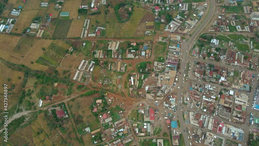 Aerial view over a town center, on countryside of Kenya - overhead, drone shot Aerial view over a town center, on countryside of Kenya - overhead, drone shot
