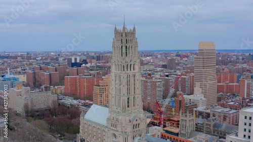 Riverside Church and Grant Tomb at Morningside Heights, Manhattan. Aerial circling photo