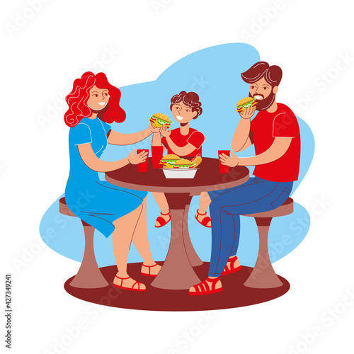 Family with a child eating hamburgers while sitting at a table in a cafe. People eating fast food. Vector illustration, character design, poster, banner.