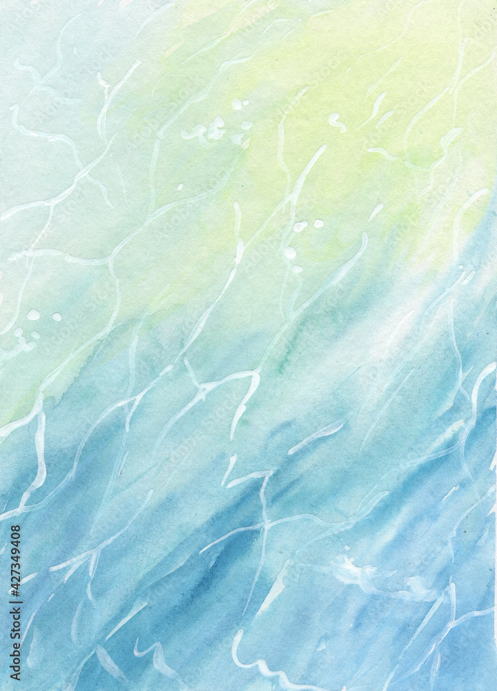 Obraz premium watercolor background reflection of light on water, top view on water smooth transition of color from blue to yellow
