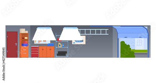 Interior inside modern garage, vehicle repair room, professional workshop, secure car storage, cartoon style vector illustration.