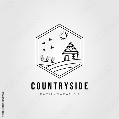 countryside cabin rental line art logo template vector illustration design. simple rural cottage, house, lodge rent logo concept