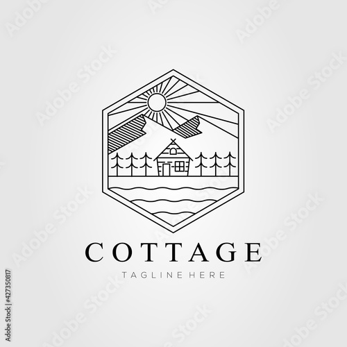 cottage rent line art logo template vector illustration design. simple cabin, house, lodge rent logo concept