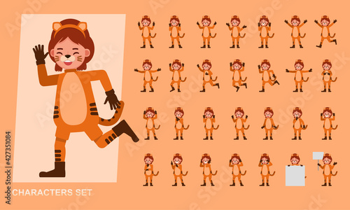 Set of kid girl wearing tiger costumes character vector design. Presentation in various action with emotions.