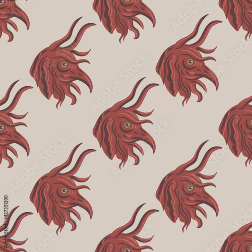 Seamless pattern with heads of fantastic medieval demon or devil with bird's beak. On white background.