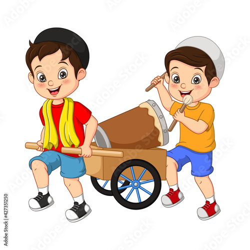 Happy muslim kid cartoon hitting bedug on cart