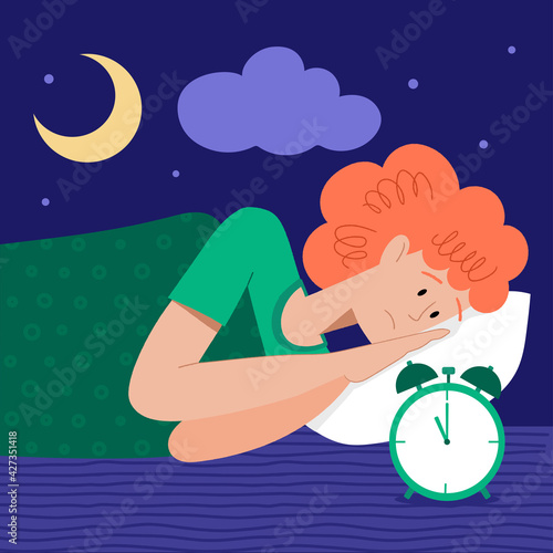 Insomnia. The woman cannot sleep. Female character suffers from insomnia. Sleep disorder, sleeplessness concept.