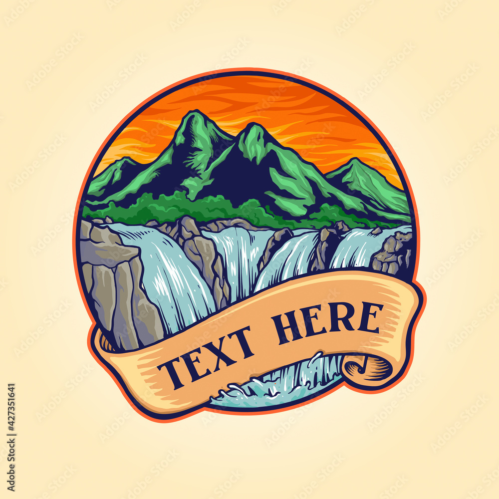 Landscape Waterfall Logo Vintage illustrations for your work Logo, mascot merchandise t-shirt, stickers and Label designs, poster, greeting cards advertising business company or brands