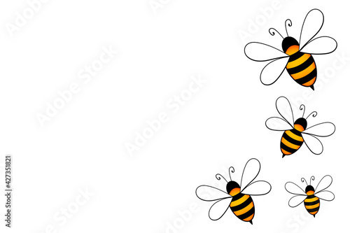 Cartoon cute bee mascot. Merry bee with an empty table. Small wasp. Vector character. Insect icon. Holiday template design for invitation, cards, wallpaper, school, kindergarten. Copy space
