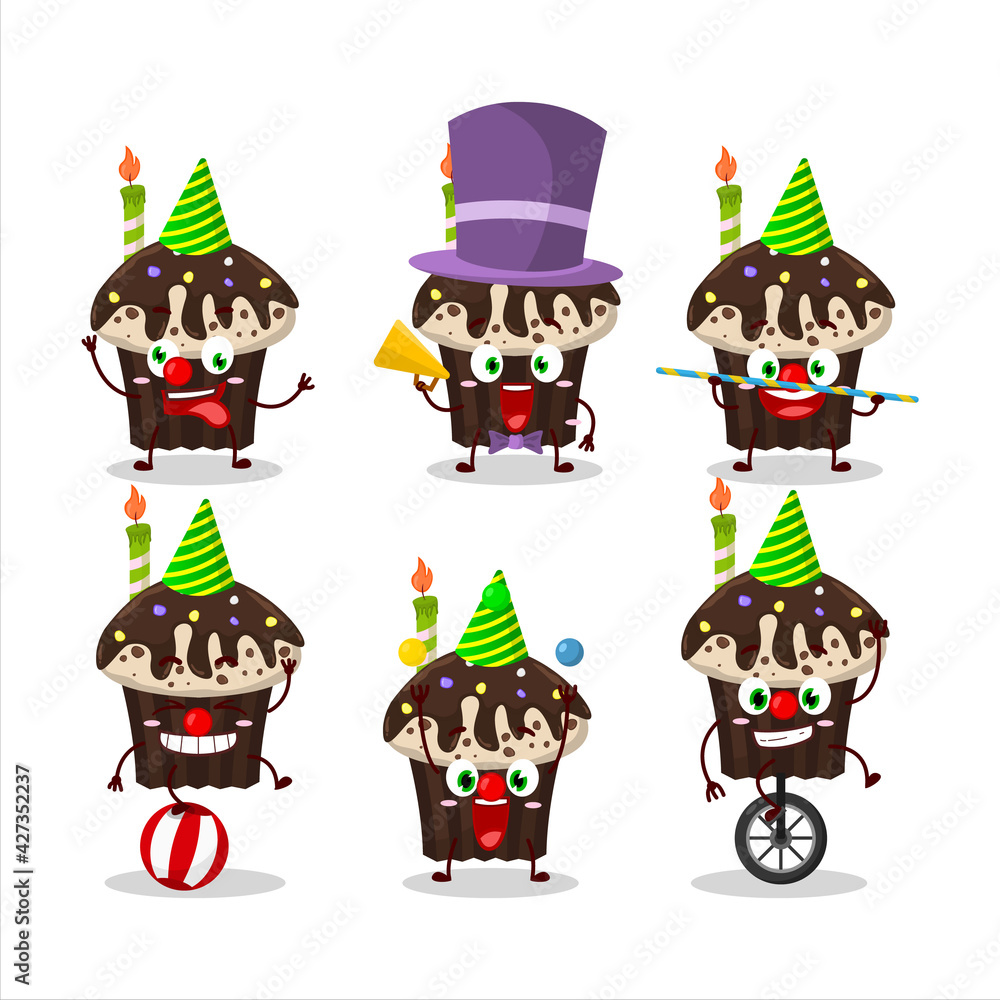 Cartoon character of birthday muffin with various circus shows Cartoon character of birthday muffin with various circus shows
