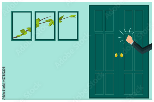 A knock on the door. The man's hand is knocking on the door. Please allow me to enter the room. Office space. An assertive, persistent businessman, client, manager, guest or salesperson. Vector