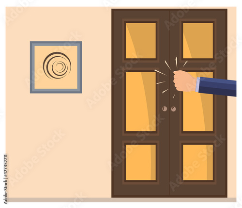 A knock on the door. The man's hand is knocking on the door. Please allow me to enter the room. Office space. Persistent businessman, client, manager, guest or salesperson. The light is on. Vector