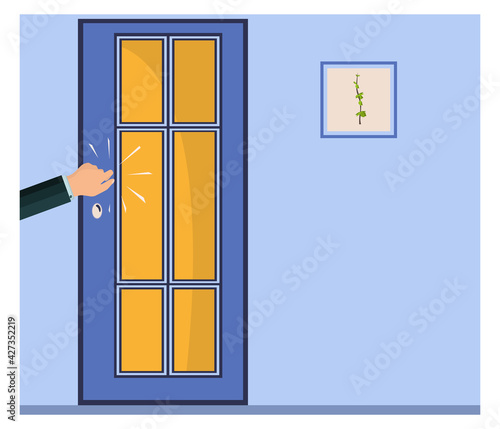 A knock on the door. The man's hand is knocking on the door. Please allow me to enter the room. Office space. Persistent businessman, client, manager, guest or salesperson. The light is on. Vector