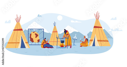 Wigwam dwellings, yurt local people, wild lifestyle, tribal travel, woman preparing food, design, flat style vector illustration.