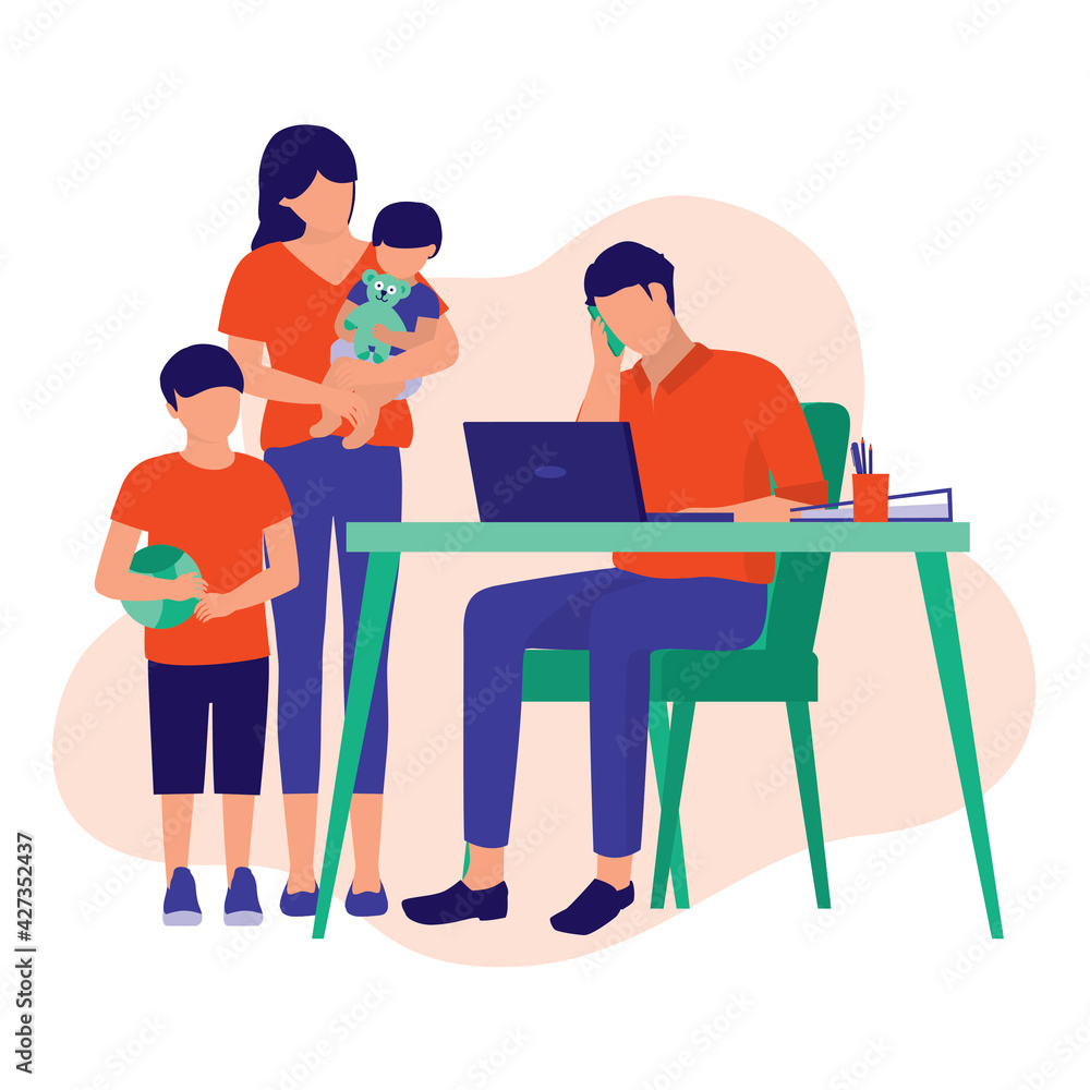 Father Busy Working And Neglected His Family. Family And Work-Life Issues  Concept. Vector Flat Cartoon Illustration. Wife Hoping Her Husband Can  Spend More Time With The Children. Stock Vector | Adobe Stock