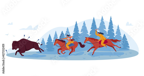 Hunting Indians, horse riders, ethnic culture, pampean buffalo hunter, gallop shoot, design, flat style vector illustration.