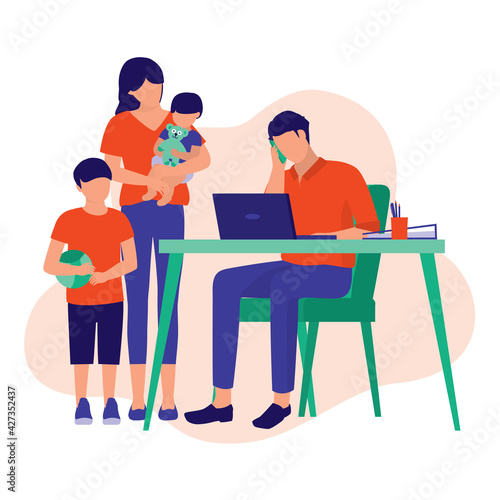 Father Busy Working And Neglected His Family. Family And Work-Life Issues Concept. Vector Flat Cartoon Illustration. Wife Hoping Her Husband Can Spend More Time With The Children.