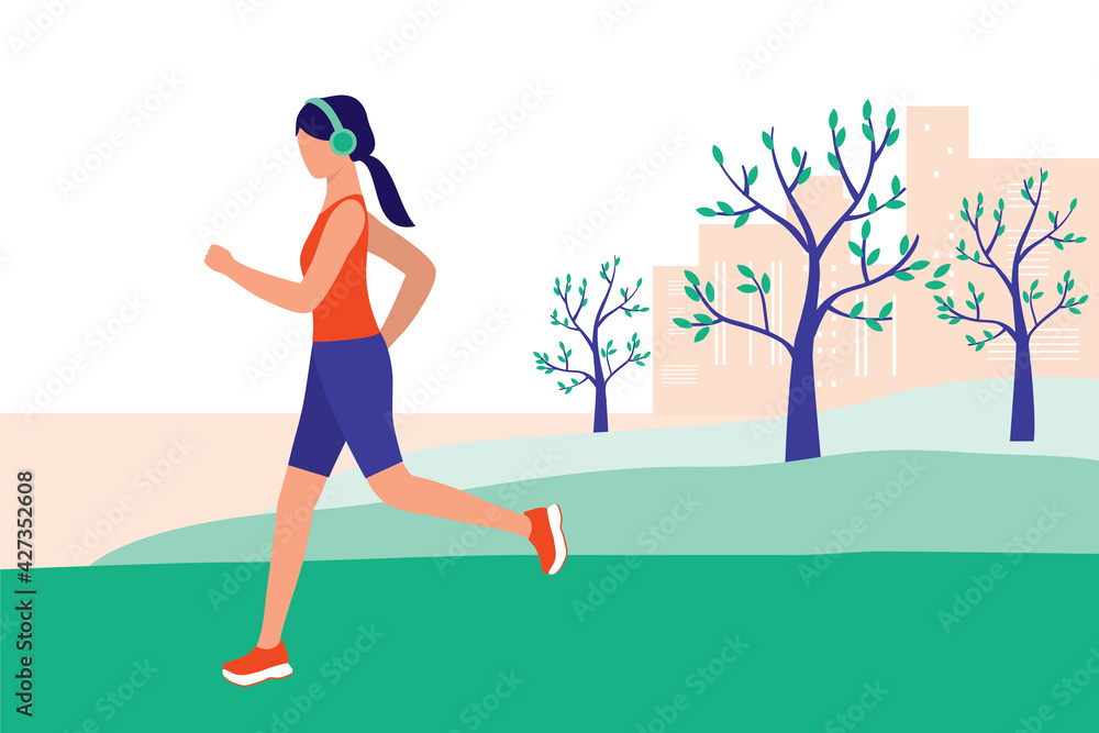 Young Woman Jogging Alone In The Park. Sport And Healthy Lifestyles Concept. Vector Illustration Flat Cartoon. Athlete Woman Listening To Music While Running.