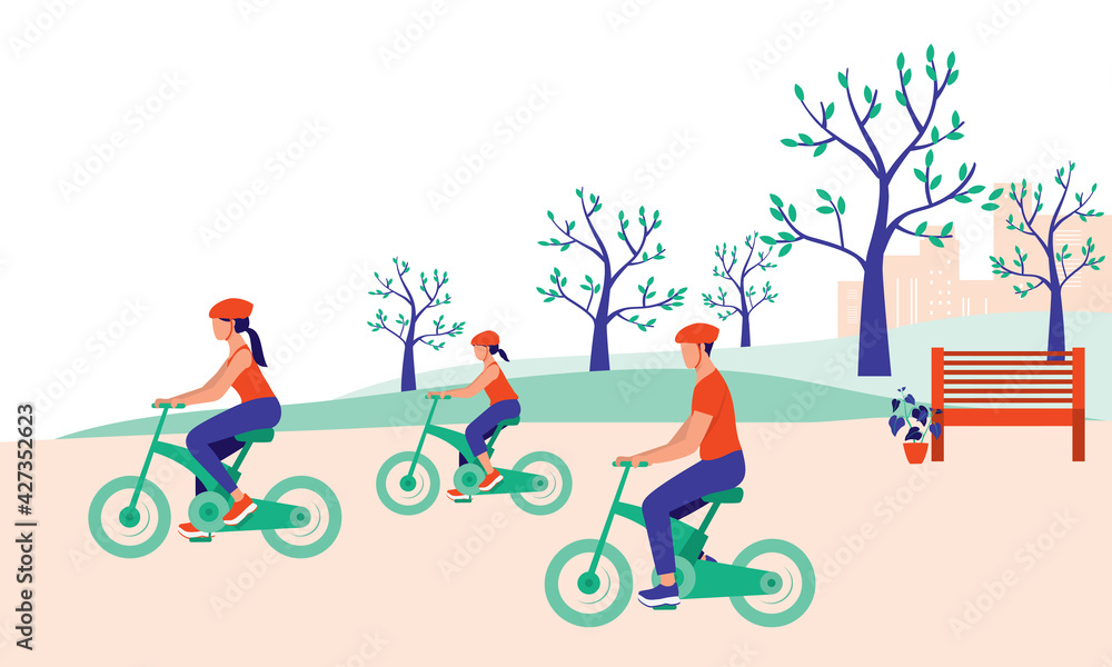 Family Riding Bicycle In The Park. Family Bonding And Eco-Friendly Transportation Concept. Vector Flat Cartoon Illustration. Father, Mother, And Daughter Riding On Electric Bicycle.