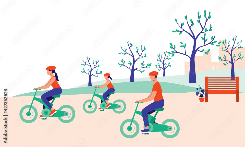 Fototapeta premium Family Riding Bicycle In The Park. Family Bonding And Eco-Friendly Transportation Concept. Vector Flat Cartoon Illustration. Father, Mother, And Daughter Riding On Electric Bicycle.