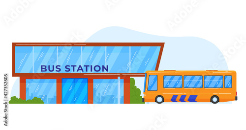 Bus station, public transport, city vehicle, building background, people travel, design, flat style vector illustration.
