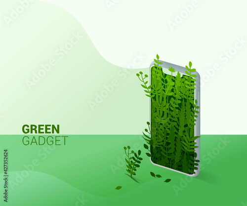 Green smartphone. Lots of green plants papercut that come out of the smartphone.