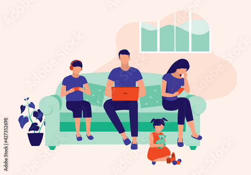 Family Members Doing Own Things And Not Connecting With One Another. Poor Family Communication And Technology Addiction Concept. Vector Illustration Flat Cartoon. Sad Little Girl Playing Alone.