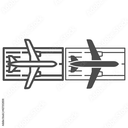 Airplane on the runway line and solid icon, airlines concept, runway vector sign on white background, airplane on the runway outline style for mobile concept and web design. Vector graphics. photo